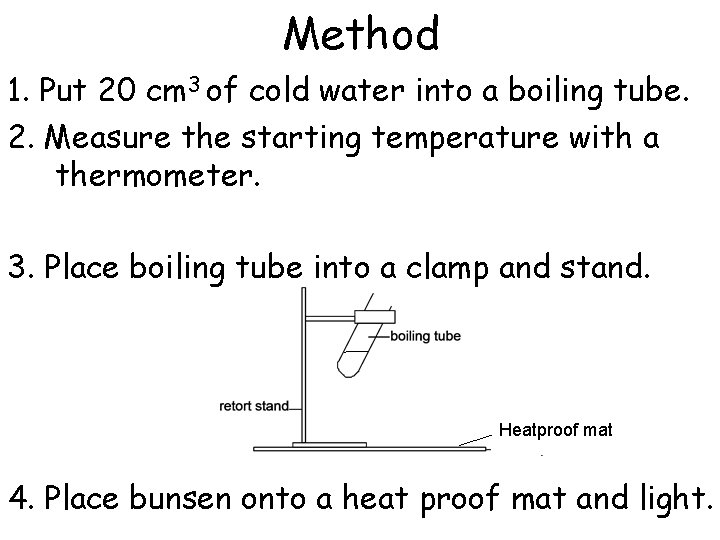 Method 1. Put 20 cm 3 of cold water into a boiling tube. 2.