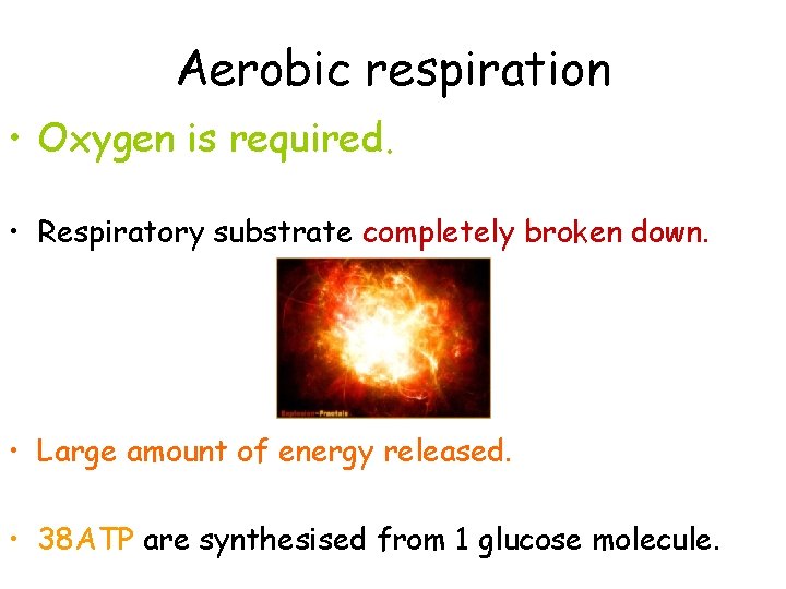 Aerobic respiration • Oxygen is required. • Respiratory substrate completely broken down. • Large