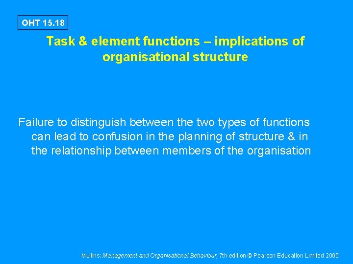 OHT 15. 18 Task & element functions – implications of organisational structure Failure to