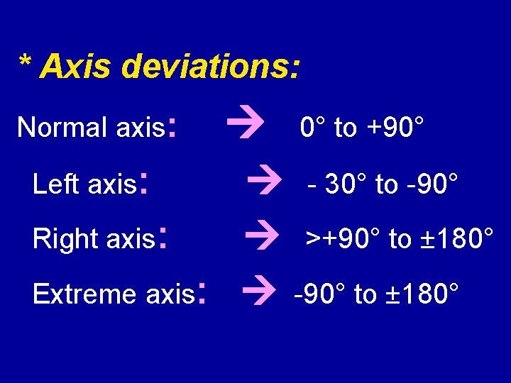 * Axis deviations: Normal axis: Left axis: 0° to +90° 30° to 90° Right