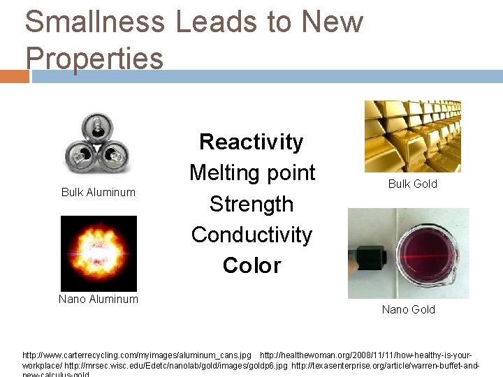 Smallness Leads to New Properties Bulk Aluminum Nano Aluminum Reactivity Melting point Strength Conductivity