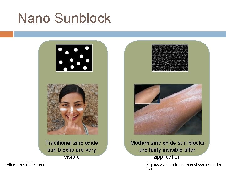Nano Sunblock Traditional zinc oxide sun blocks are very visible vitaderminstitute. com/ Modern zinc