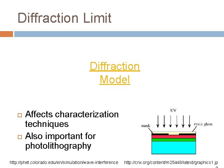 Diffraction Limit Diffraction Model Affects characterization techniques Also important for photolithography http: //phet. colorado.