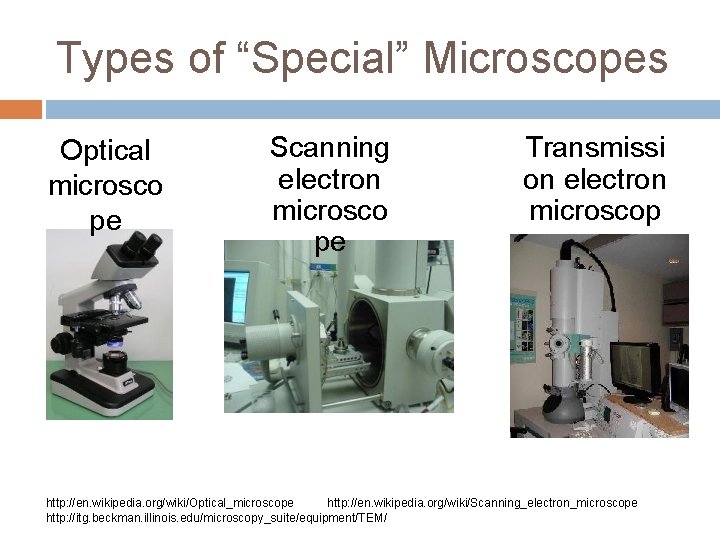 Types of “Special” Microscopes Optical microsco pe Scanning electron microsco pe Transmissi on electron
