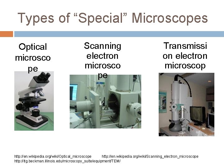 Types of “Special” Microscopes Optical microsco pe Scanning electron microsco pe Transmissi on electron