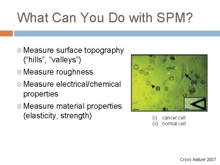 What Can You Do with SPM? Measure surface topography (“hills”, “valleys”) Measure roughness Measure