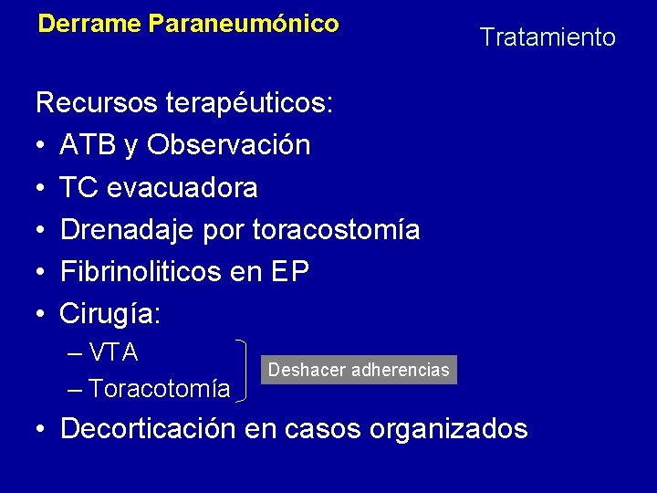 Derrame Paraneumónico Tratamiento Recursos terapéuticos: • ATB y Observación • TC evacuadora • Drenadaje