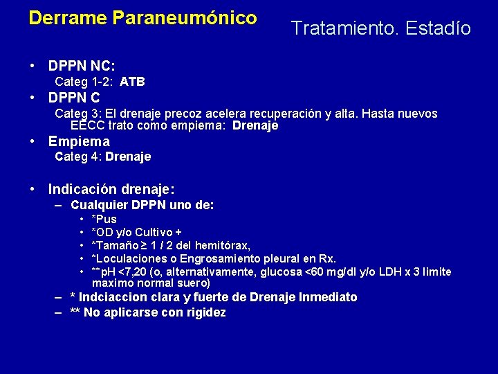 Derrame Paraneumónico Tratamiento. Estadío • DPPN NC: Categ 1 -2: ATB • DPPN C