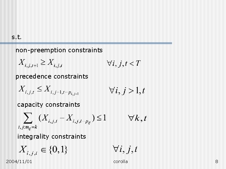 s. t. non-preemption constraints precedence constraints capacity constraints integrality constraints 2004/11/01 corolla 8 