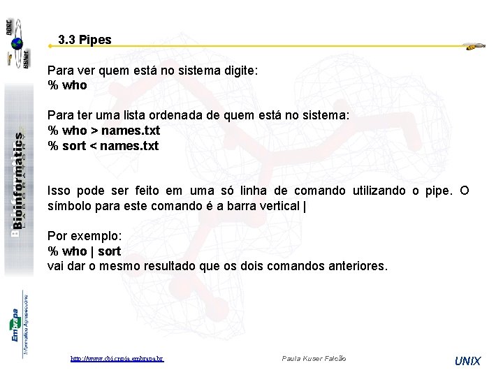 3. 3 Pipes Para ver quem está no sistema digite: % who Para ter