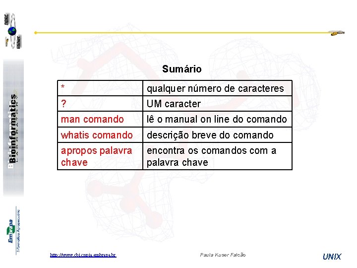 Sumário * qualquer número de caracteres ? UM caracter man comando lê o manual