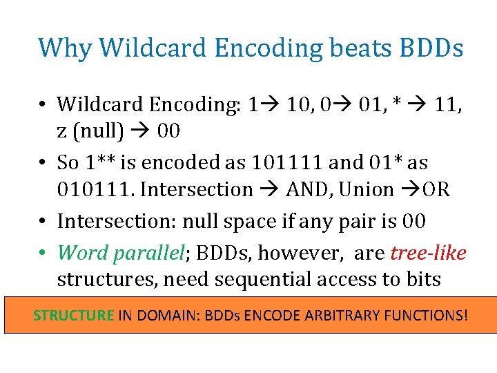 Why Wildcard Encoding beats BDDs • Wildcard Encoding: 1 10, 0 01, * 11,