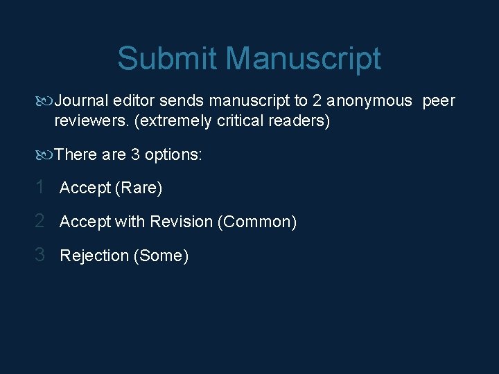 Submit Manuscript Journal editor sends manuscript to 2 anonymous peer reviewers. (extremely critical readers)