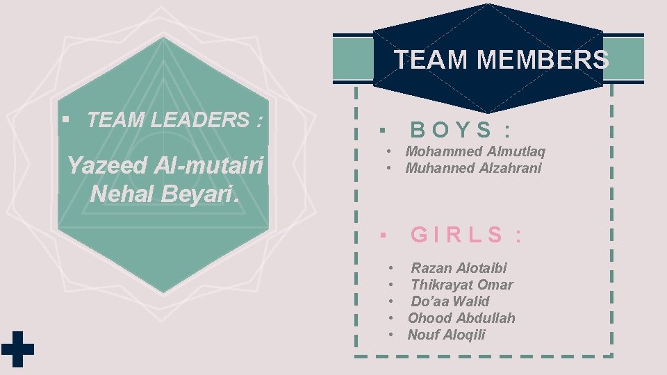 TEAM MEMBERS § TEAM LEADERS : Yazeed Al-mutairi Nehal Beyari. ▪ BOYS : •