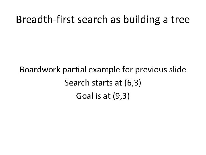 Breadth-first search as building a tree Boardwork partial example for previous slide Search starts