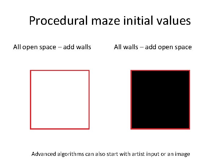 Procedural maze initial values All open space – add walls All walls – add