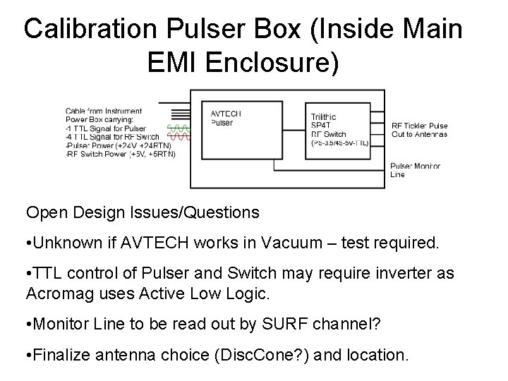 Calibration Pulser Box (Inside Main EMI Enclosure) Open Design Issues/Questions • Unknown if AVTECH