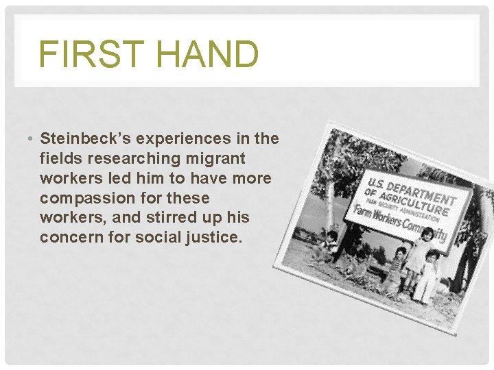 FIRST HAND • Steinbeck’s experiences in the fields researching migrant workers led him to