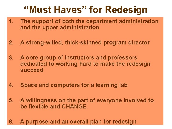“Must Haves” for Redesign 1. The support of both the department administration and the