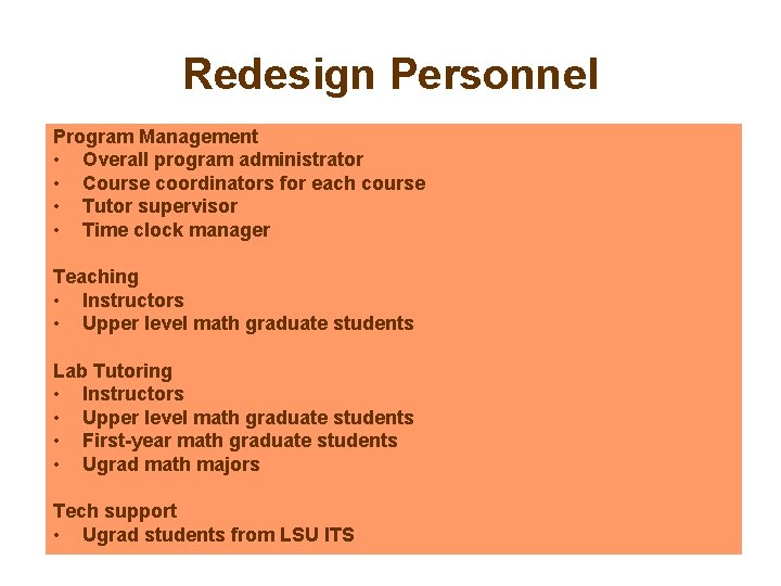 Redesign Personnel Program Management • Overall program administrator • Course coordinators for each course