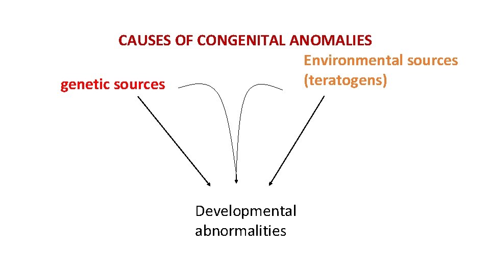 CAUSES OF CONGENITAL ANOMALIES Environmental sources (teratogens) genetic sources Developmental abnormalities 