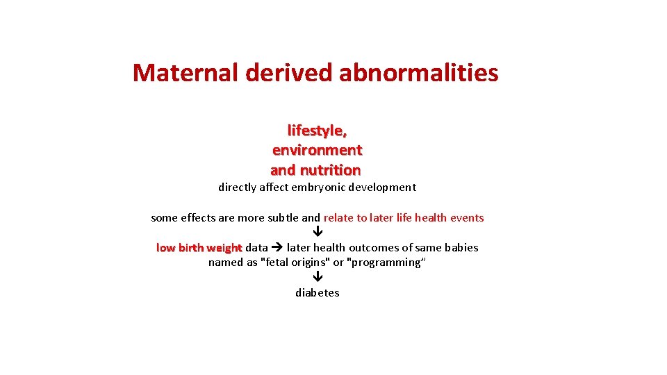 Maternal derived abnormalities lifestyle, environment and nutrition directly affect embryonic development some effects are