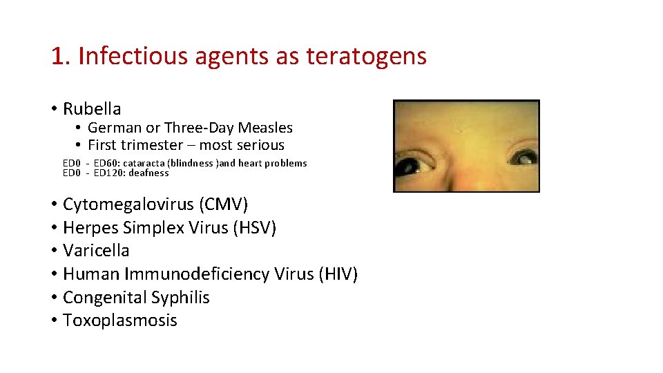 1. Infectious agents as teratogens • Rubella • German or Three-Day Measles • First