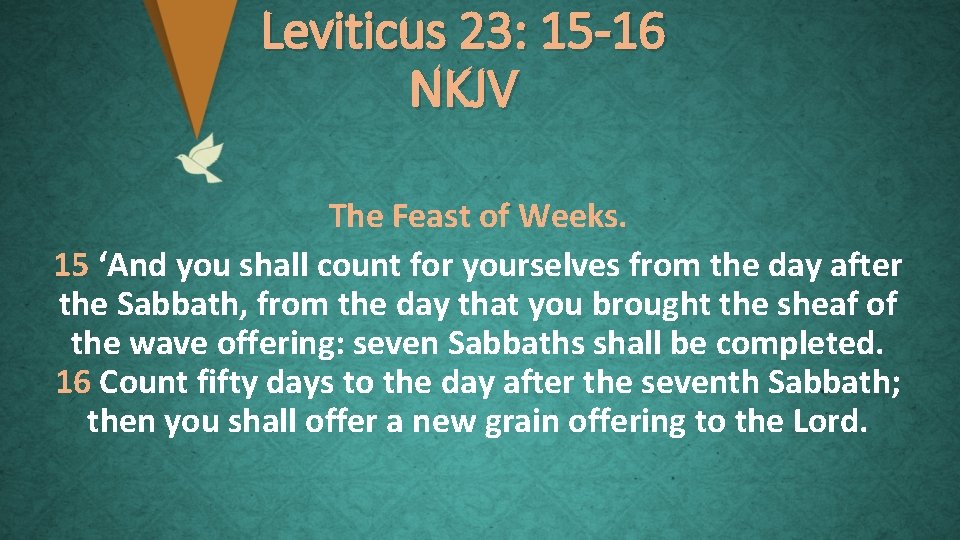 Leviticus 23: 15 -16 NKJV The Feast of Weeks. 15 ‘And you shall count
