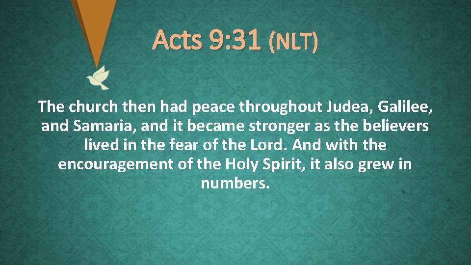 Acts 9: 31 (NLT) The church then had peace throughout Judea, Galilee, and Samaria,