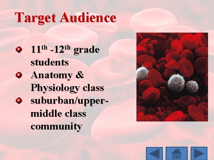 Target Audience 11 th -12 th grade students Anatomy & Physiology class suburban/uppermiddle class