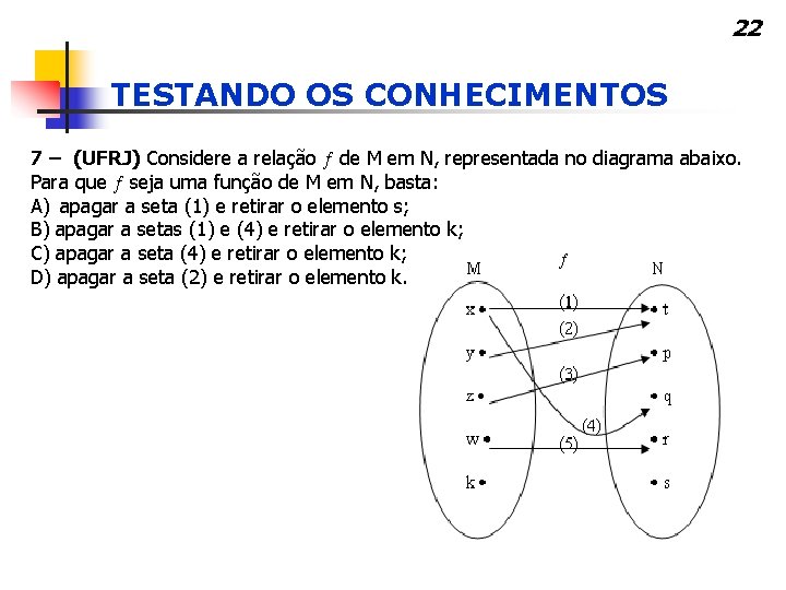 22 TESTANDO OS CONHECIMENTOS 7 – (UFRJ) Considere a relação de M em N,