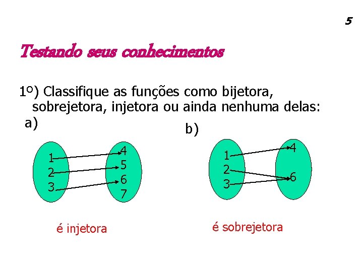 5 Testando seus conhecimentos 1º) Classifique as funções como bijetora, sobrejetora, injetora ou ainda