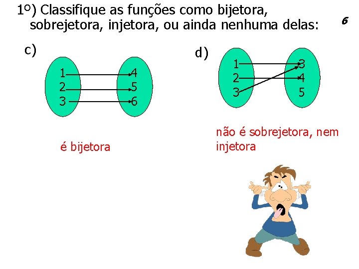1º) Classifique as funções como bijetora, sobrejetora, injetora, ou ainda nenhuma delas: c) d)