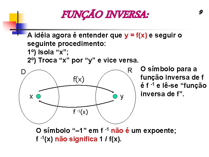 FUNÇÃO INVERSA: 9 A idéia agora é entender que y = f(x) e seguir