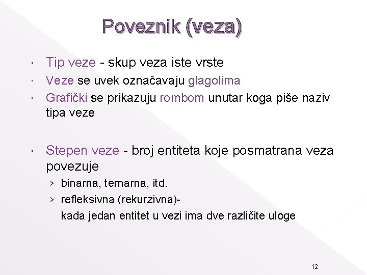 Poveznik (veza) Tip veze - skup veza iste vrste Veze se uvek označavaju glagolima