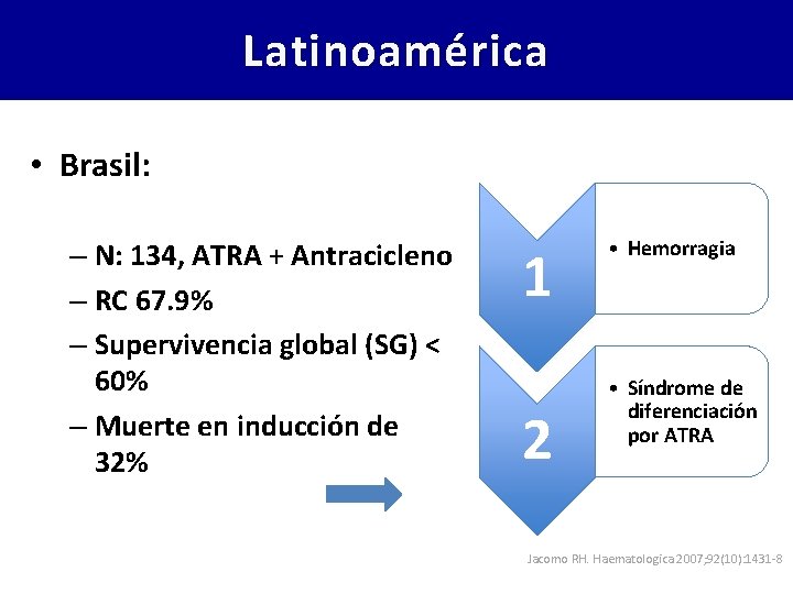 Latinoamérica • Brasil: – N: 134, ATRA + Antracicleno – RC 67. 9% –