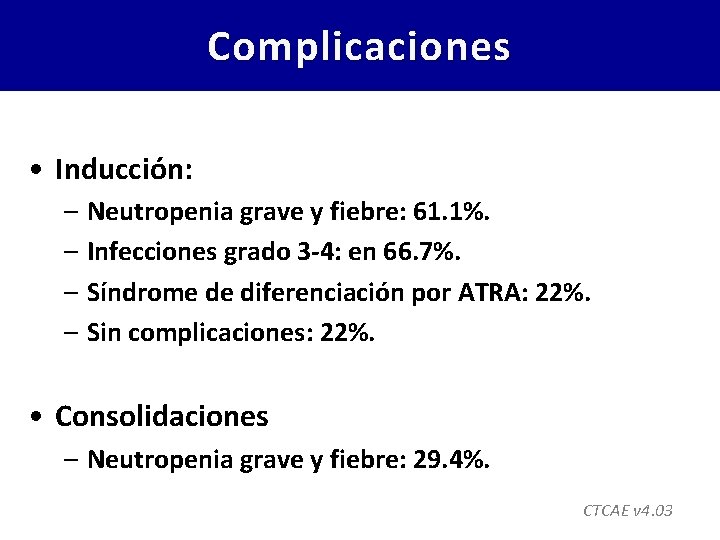 Complicaciones • Inducción: – Neutropenia grave y fiebre: 61. 1%. – Infecciones grado 3