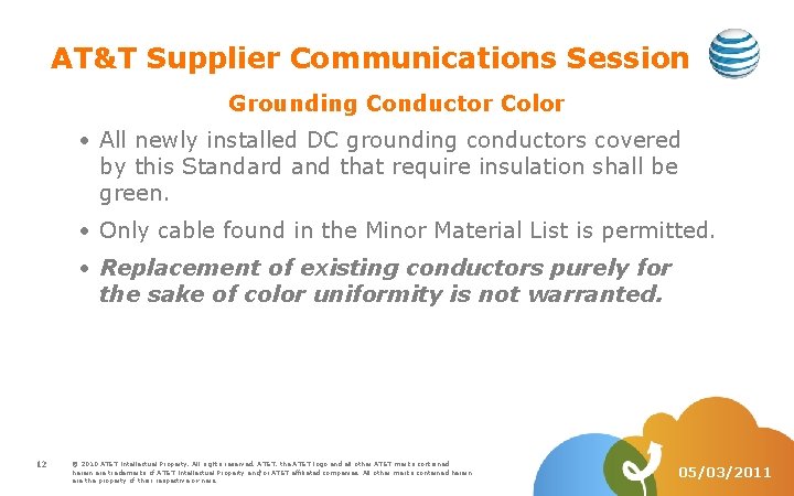 AT&T Supplier Communications Session Grounding Conductor Color All newly installed DC grounding conductors covered