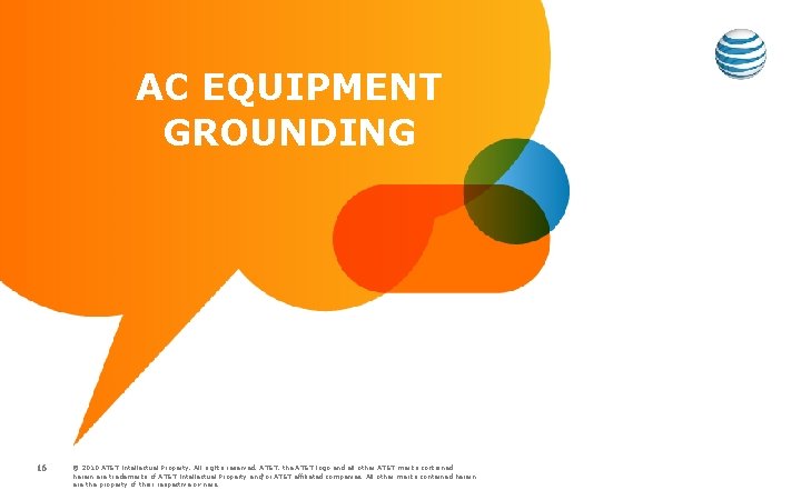 AC EQUIPMENT GROUNDING 16 © 2010 AT&T Intellectual Property. All rights reserved. AT&T, the