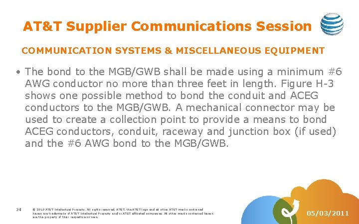 AT&T Supplier Communications Session COMMUNICATION SYSTEMS & MISCELLANEOUS EQUIPMENT The bond to the MGB/GWB