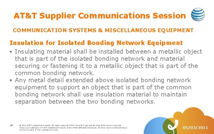 AT&T Supplier Communications Session COMMUNICATION SYSTEMS & MISCELLANEOUS EQUIPMENT Insulation for Isolated Bonding Network