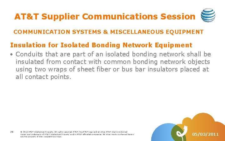 AT&T Supplier Communications Session COMMUNICATION SYSTEMS & MISCELLANEOUS EQUIPMENT Insulation for Isolated Bonding Network
