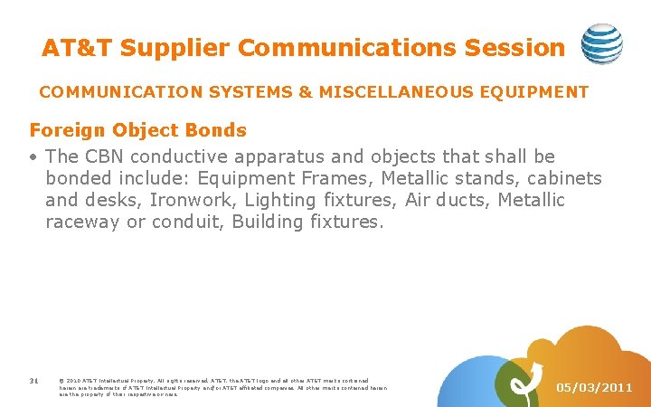 AT&T Supplier Communications Session COMMUNICATION SYSTEMS & MISCELLANEOUS EQUIPMENT Foreign Object Bonds The CBN
