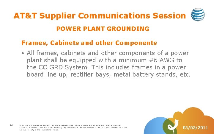 AT&T Supplier Communications Session POWER PLANT GROUNDING Frames, Cabinets and other Components All frames,