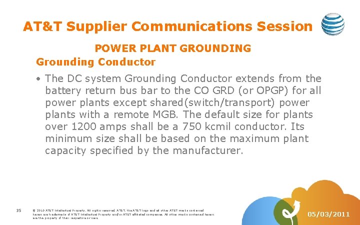 AT&T Supplier Communications Session POWER PLANT GROUNDING Grounding Conductor The DC system Grounding Conductor