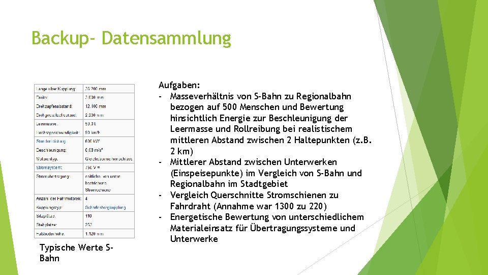 Backup- Datensammlung Typische Werte SBahn Aufgaben: - Masseverhältnis von S-Bahn zu Regionalbahn bezogen auf