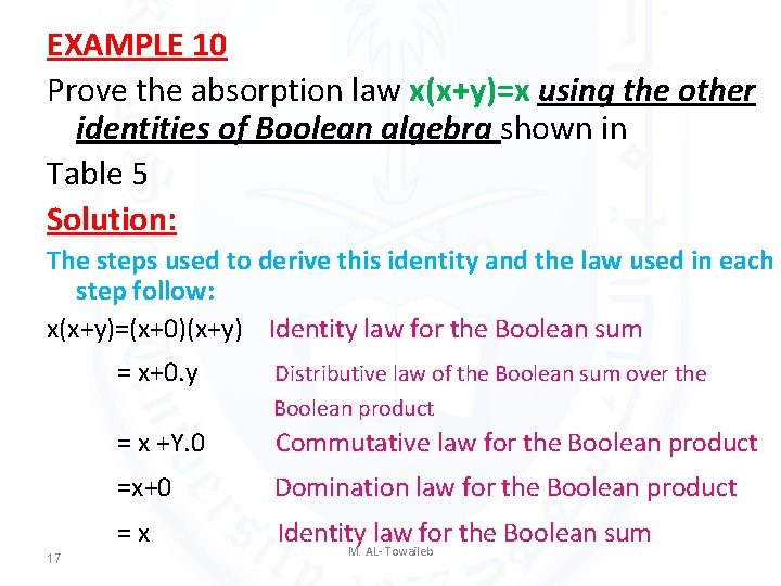 EXAMPLE 10 Prove the absorption law x(x+y)=x using the other identities of Boolean algebra EXAMPLE 10 Prove the absorption law x(x+y)=x using the other identities of Boolean algebra