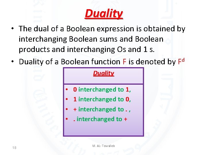 Duality • The dual of a Boolean expression is obtained by interchanging Boolean sums Duality • The dual of a Boolean expression is obtained by interchanging Boolean sums