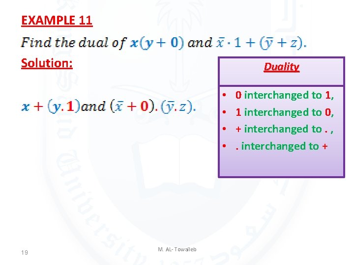 EXAMPLE 11 Solution: Duality • • 19 M. AL- Towaileb 0 interchanged to 1, EXAMPLE 11 Solution: Duality • • 19 M. AL- Towaileb 0 interchanged to 1,