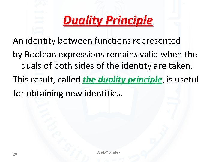 Duality Principle An identity between functions represented by Boolean expressions remains valid when the Duality Principle An identity between functions represented by Boolean expressions remains valid when the